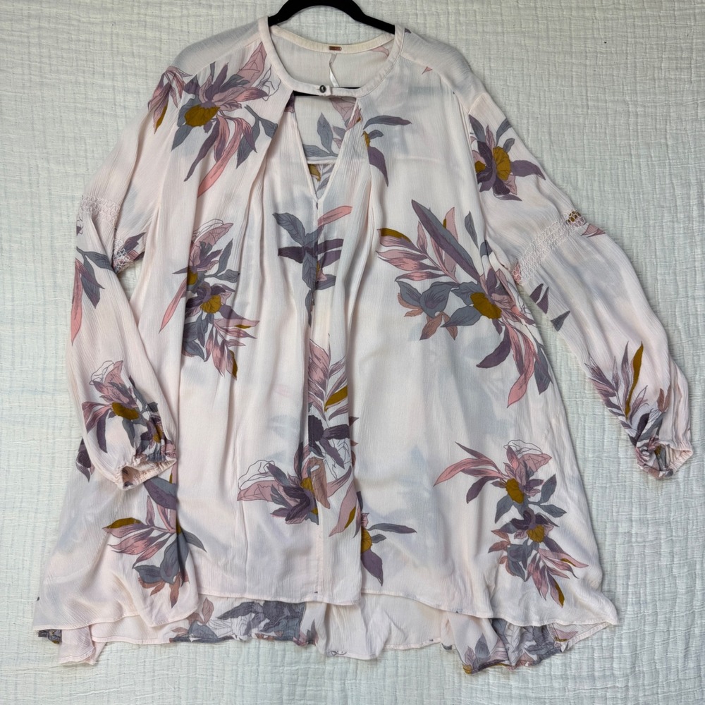 Free People Womens Floral Print Keyhole Neck Long Sleeve Swing Tunic‎ Top Size L